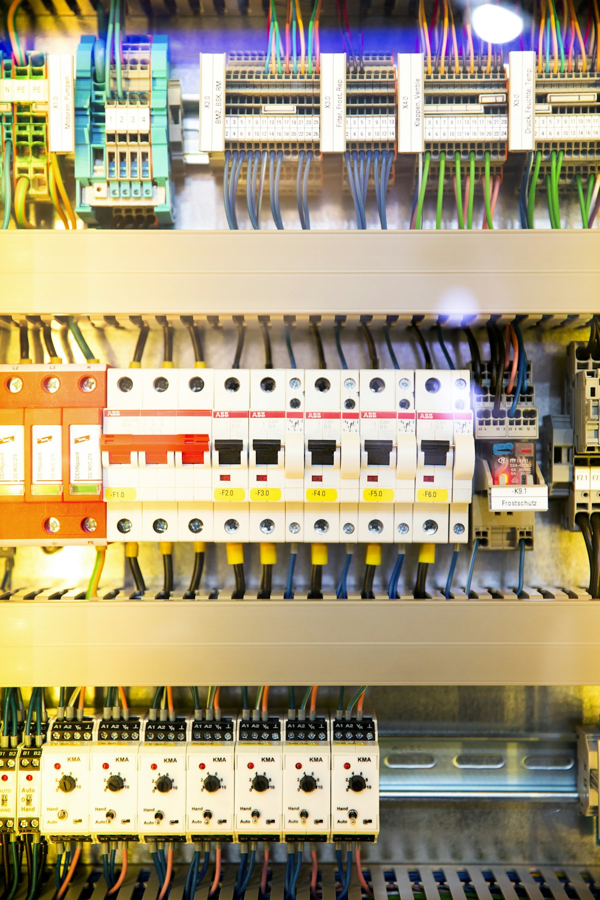 Industrial automation control panel with PLC and breakers