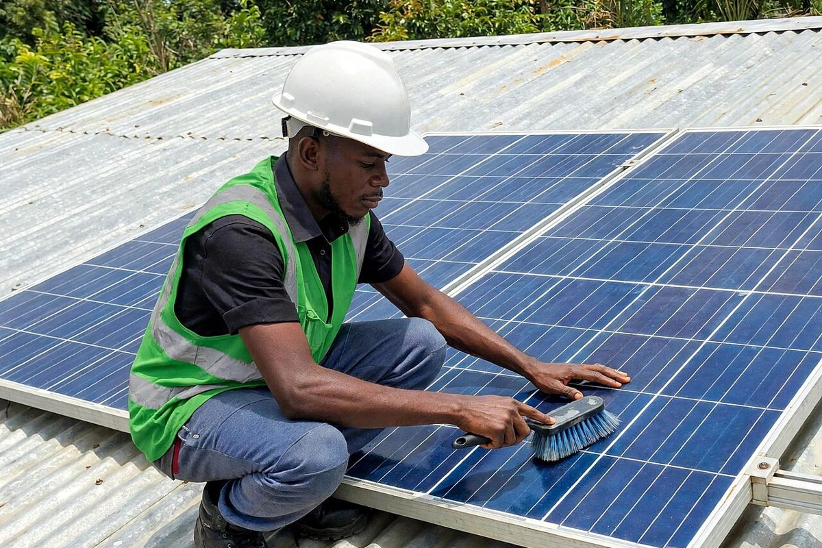 Technician installing and servicing rooftop solar panels